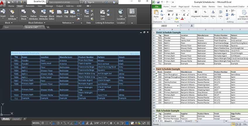snapshot of excel and autoCAD