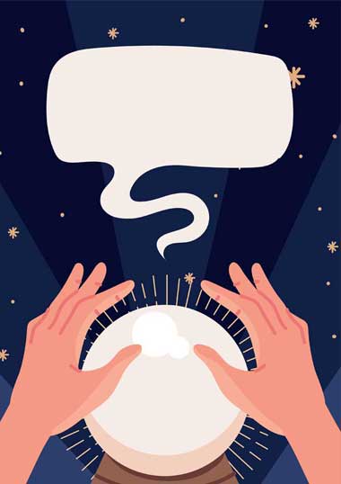 Cartoon of a crystal ball symbolizing interior design predictions and client expectations in Colorado
