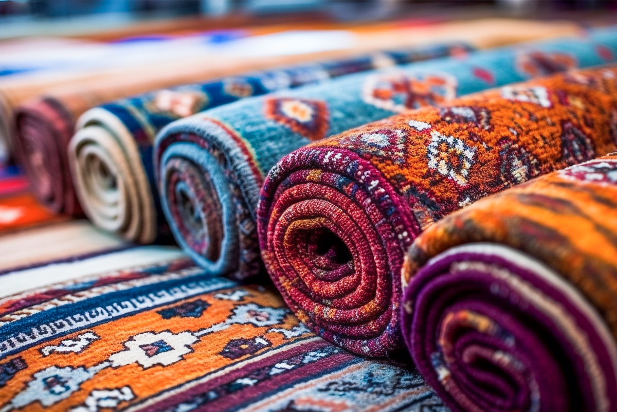 Stack of rolled-up rugs showcasing texture and color choices for Colorado home interiors