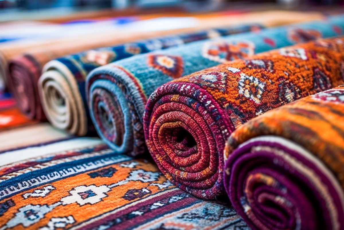 stack of rolled up rugs