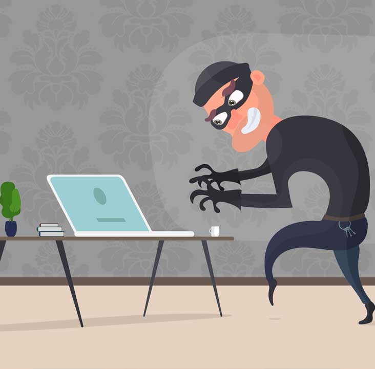 Illustration of a thief stealing data from a computer in a Denver Colorado