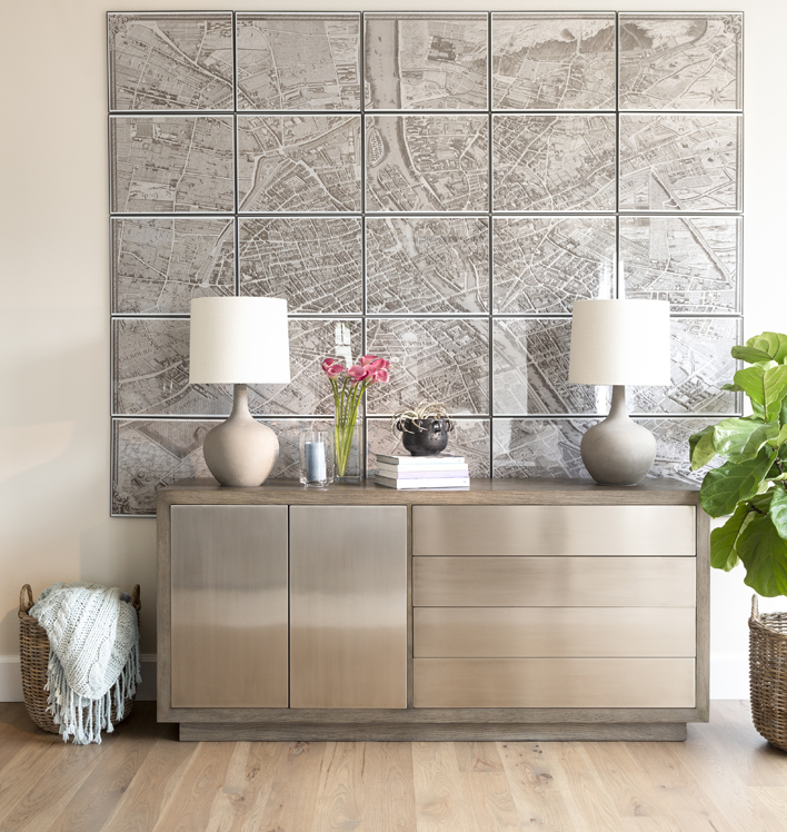 modern credenza and map artwork and concrete