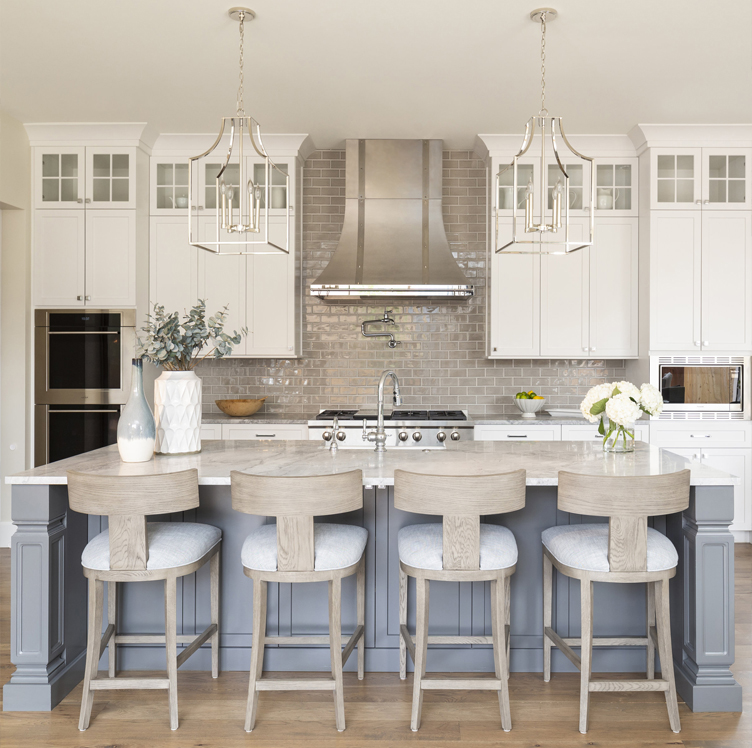 White kitchen cabinets gray island