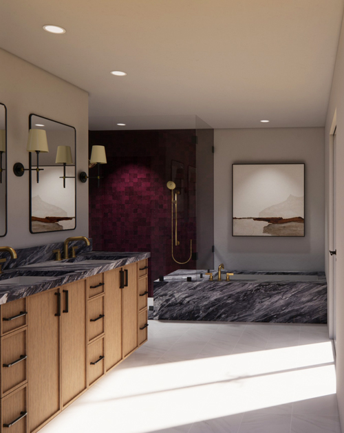 Bathroom rendering featuring plum-colored tile in the shower, paired with clean modern fixtures and soft neutral finishes for an elevated, elegant design.