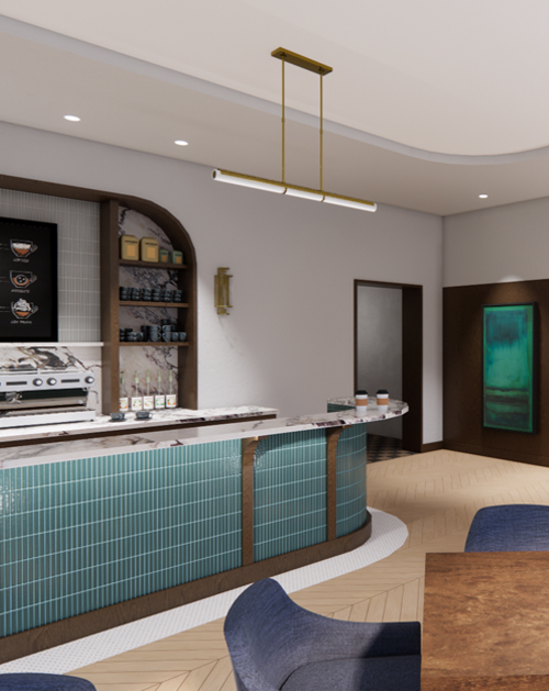 Rendering of a modern coffee shop interior in the city, featuring warm wood tones, textured finishes, and contemporary seating in an inviting urban café design.