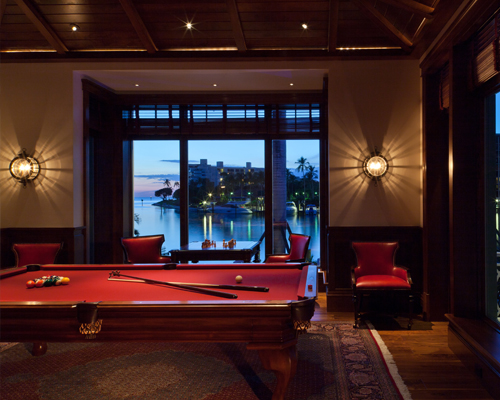 billiard room with red pool table