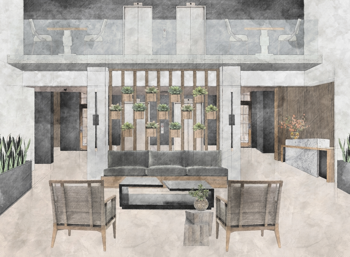 Interior Design Denver condo lobby design sketch showcasing a marble and wood reception desk, semi-green wall, velvet banquette seating, and ADA-compliant pathways
